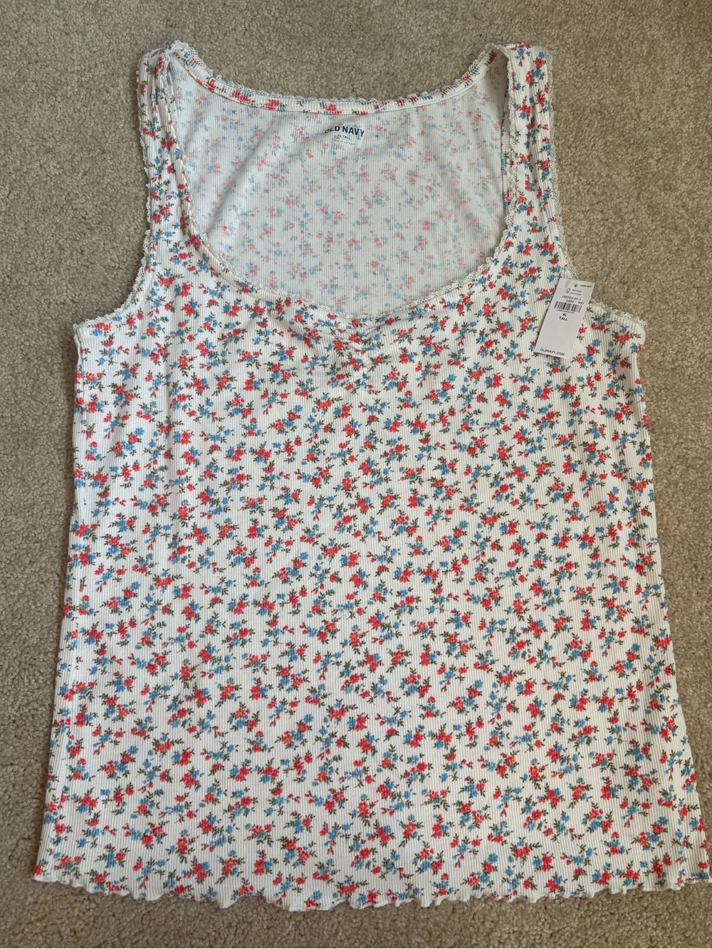 Old Navy White Ribbed Floral Tank Top with Red and Blue Blossoms